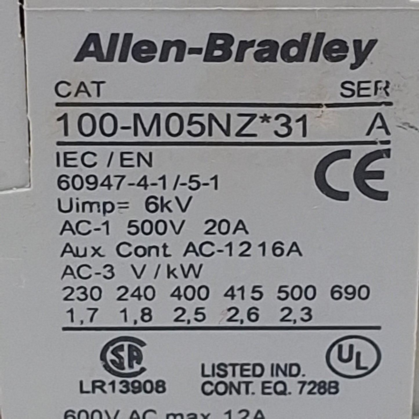 Used Allen Bradley 100-M05NZ2431 Contactor, 3-Pole, 1NC, 12A 600VAC, 24VDC Coil