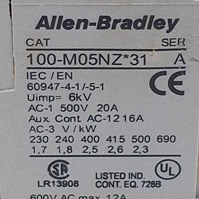 Used Allen Bradley 100-M05NZ2431 Contactor, 3-Pole, 1NC, 12A 600VAC, 24VDC Coil