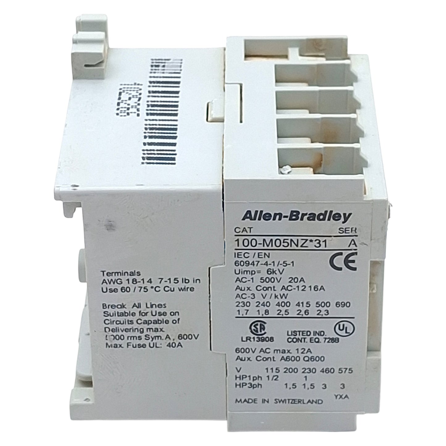 Used Allen Bradley 100-M05NZ2431 Contactor, 3-Pole, 1NC, 12A 600VAC, 24VDC Coil