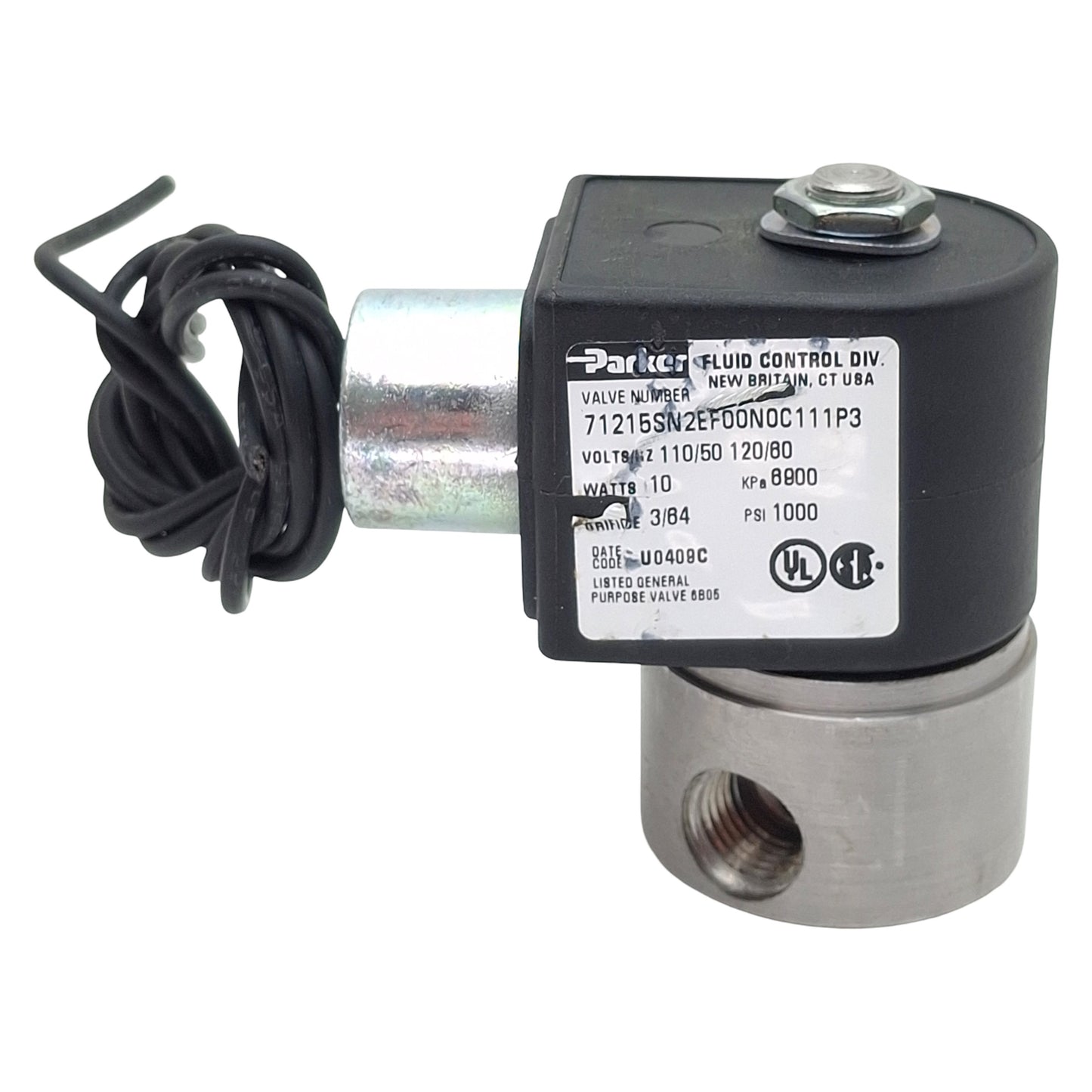 Used Parker 71215SN2EF00N0C111P3 Solenoid Valve, 1/4in NPT, 1000psi, 110/120VAC Coil