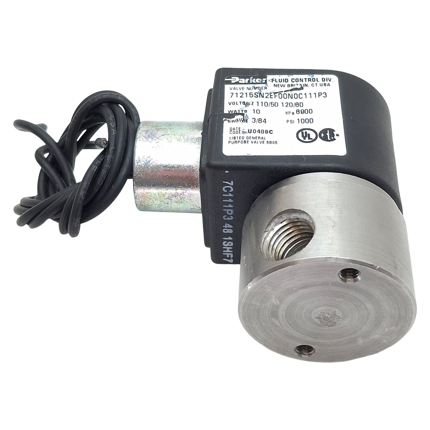 Used Parker 71215SN2EF00N0C111P3 Solenoid Valve, 1/4in NPT, 1000psi, 110/120VAC Coil