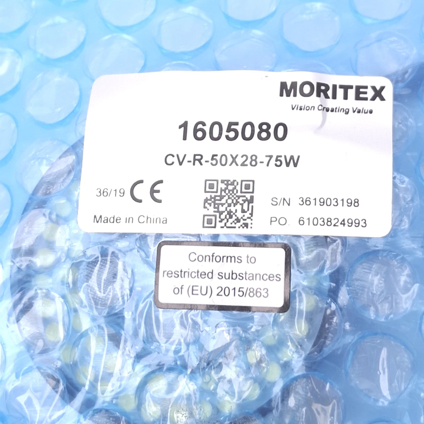 New Moritex CV-R-50X28-75W Direct Ring Light, White LED, 50mm OD 28mm ID, 24VDC 2.8W