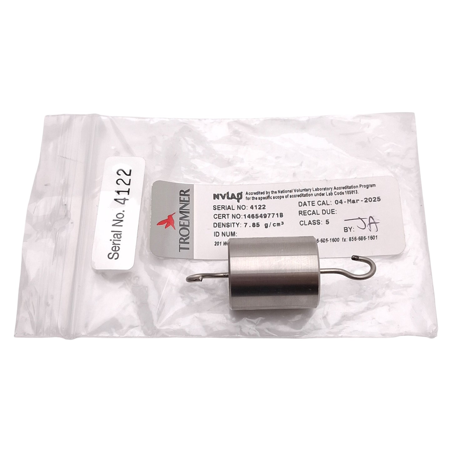 New Troemner Hanging Calibration Weight, 50g, 7.85g/cm³ Density, ø20.36mm x 24.66mm