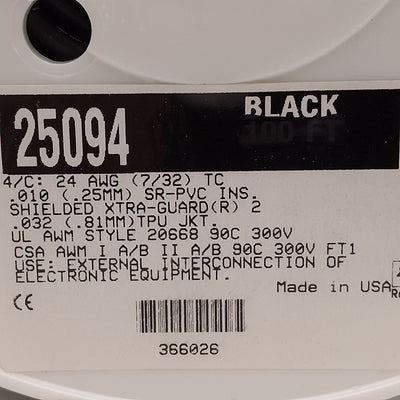 Used Alpha Wire 25094 BK005 Xtra-Guard Abrasion Resistant Cable, 4C 24AWG, 300V, 90ft