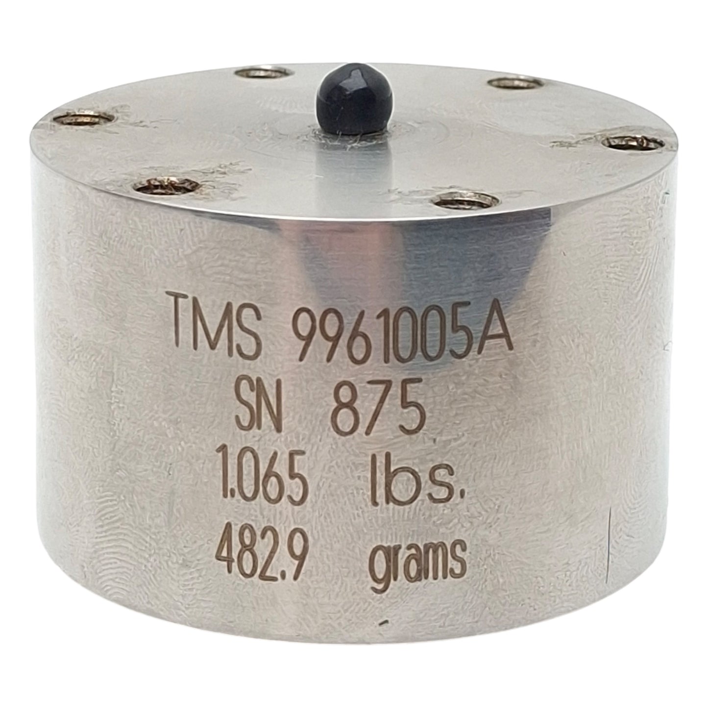 Used PCB TMS 9961005A Calibration Mass, 1.065lbs/482.9g, #10-32 Thread, ø2in x 1.25in