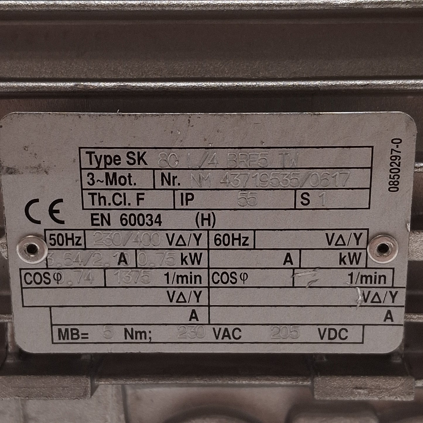 Used Nord SK80 L/4 BRE5 TW Gearmotor, 15:1 92rpm ø24mm Bore, 0.75kW 3Ø 230∆/400Y 50Hz
