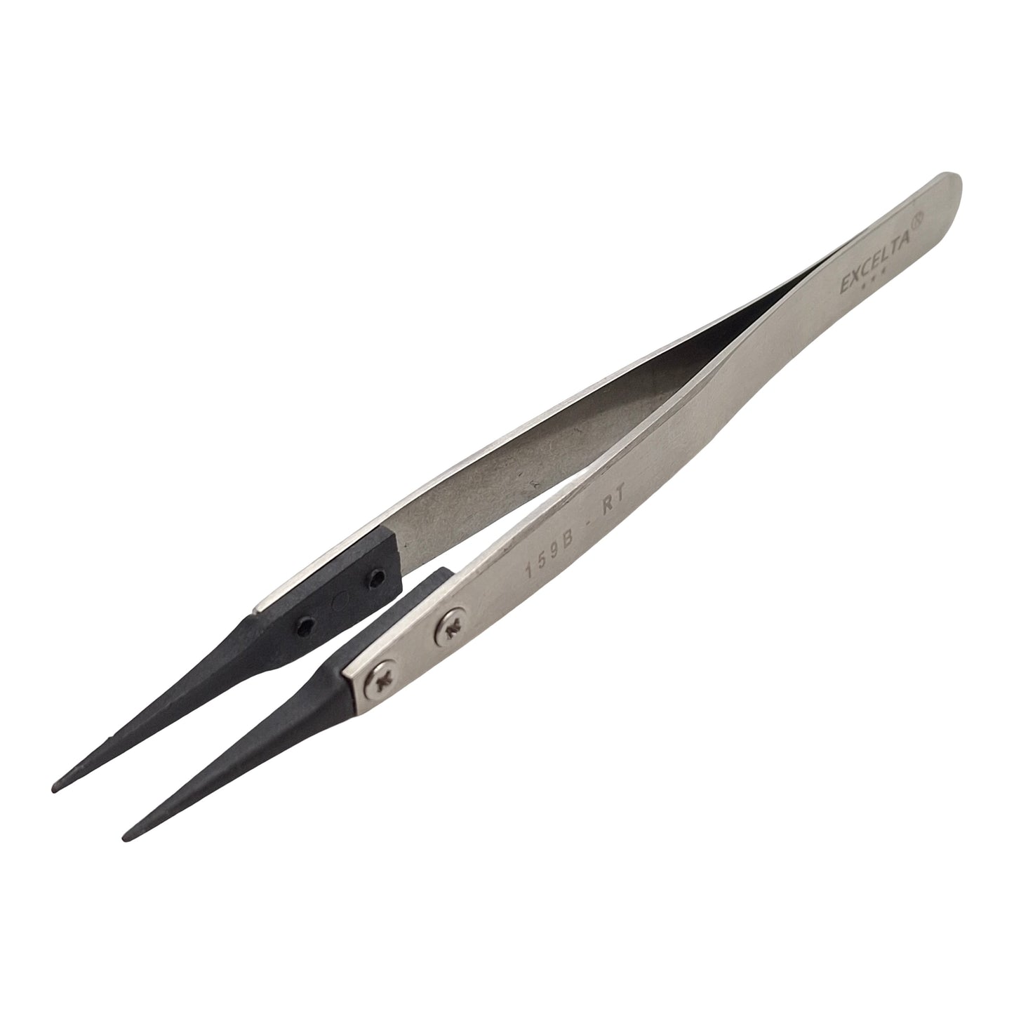 Used Excelta 159B-RT Carbon Fiber Tipped Tweezers, 5in Length, 316L SS, *Worn Tips*