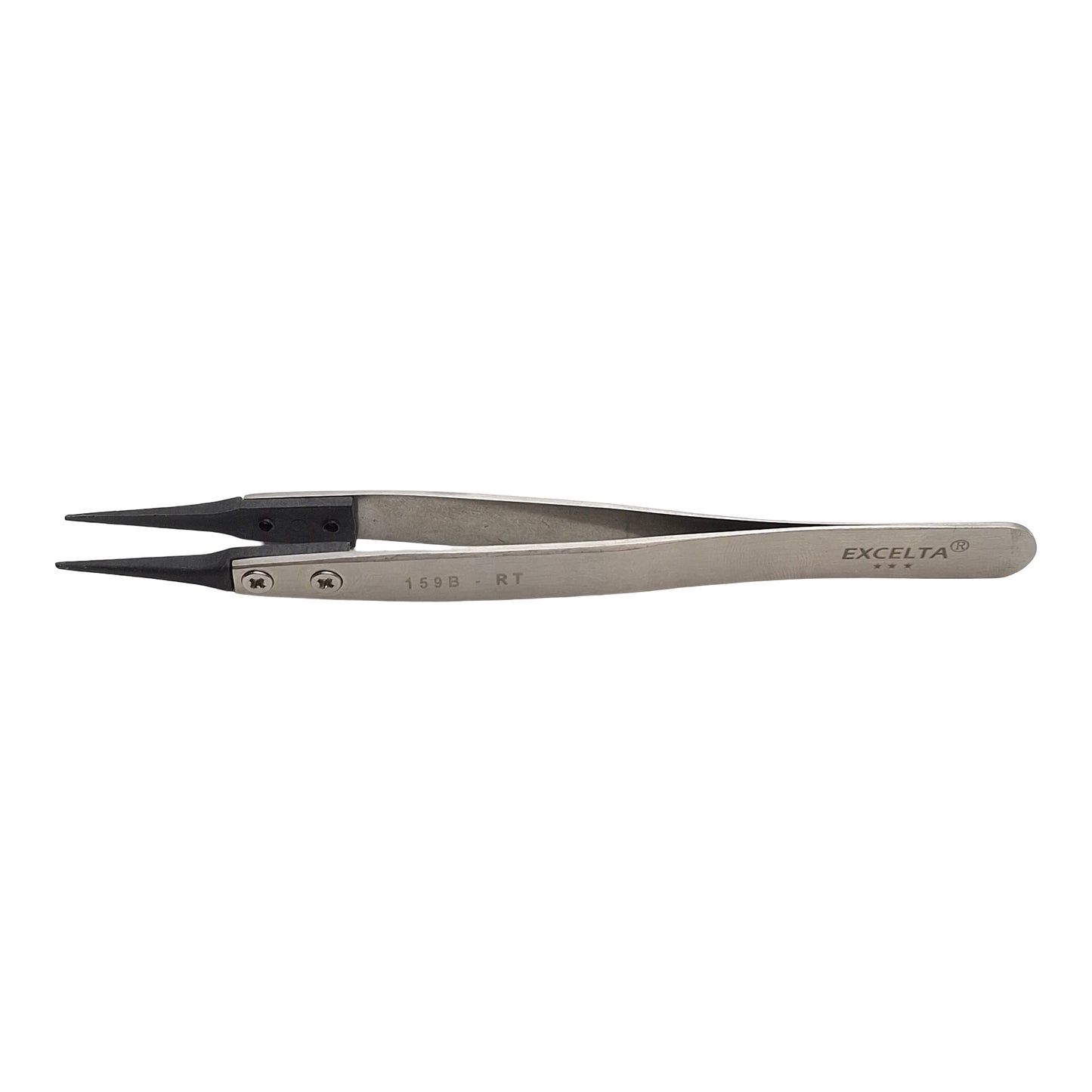 Used Excelta 159B-RT Carbon Fiber Tipped Tweezers, 5in Length, 316L SS, *Worn Tips*