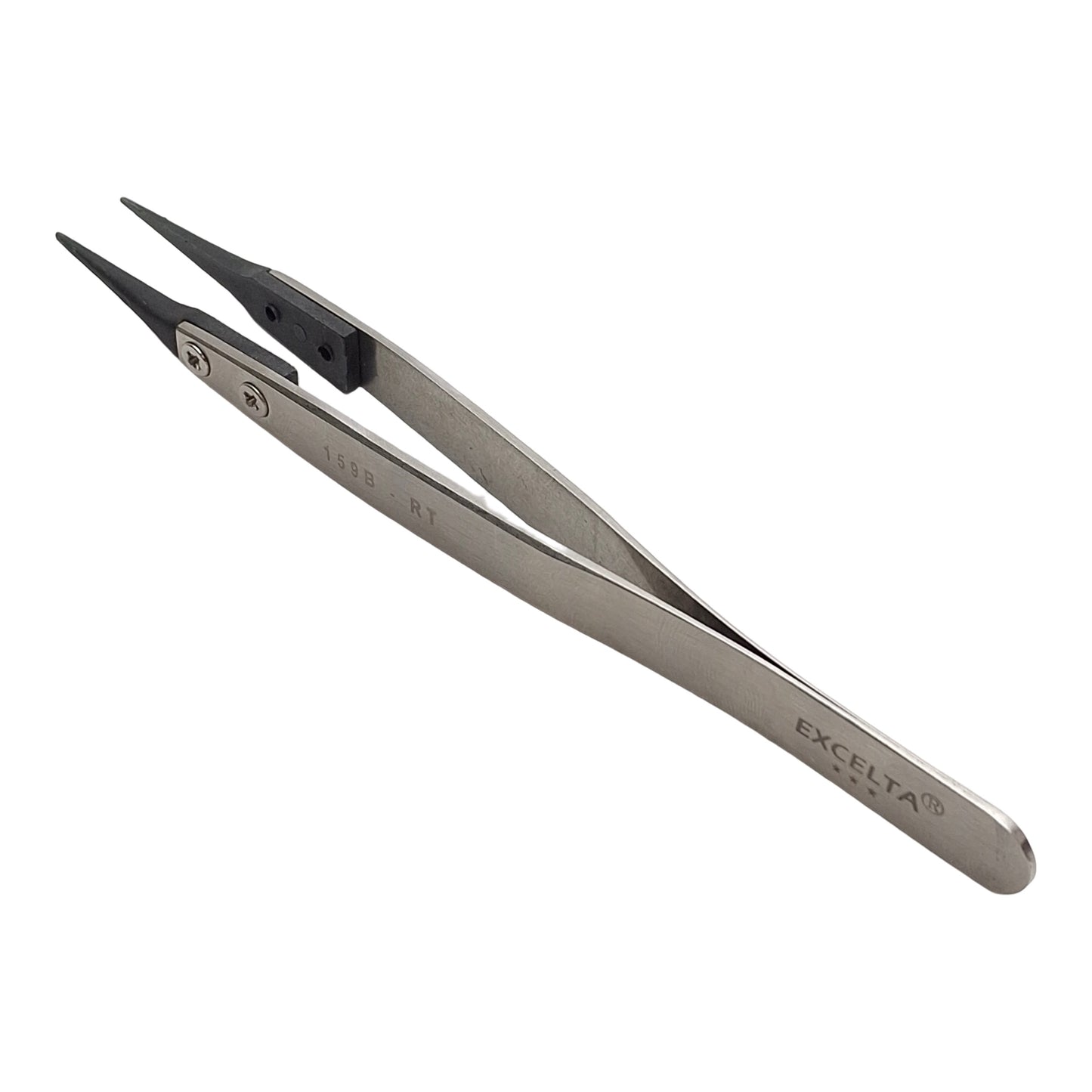 Used Excelta 159B-RT Carbon Fiber Tipped Tweezers, 5in Length, 316L SS, *Worn Tips*
