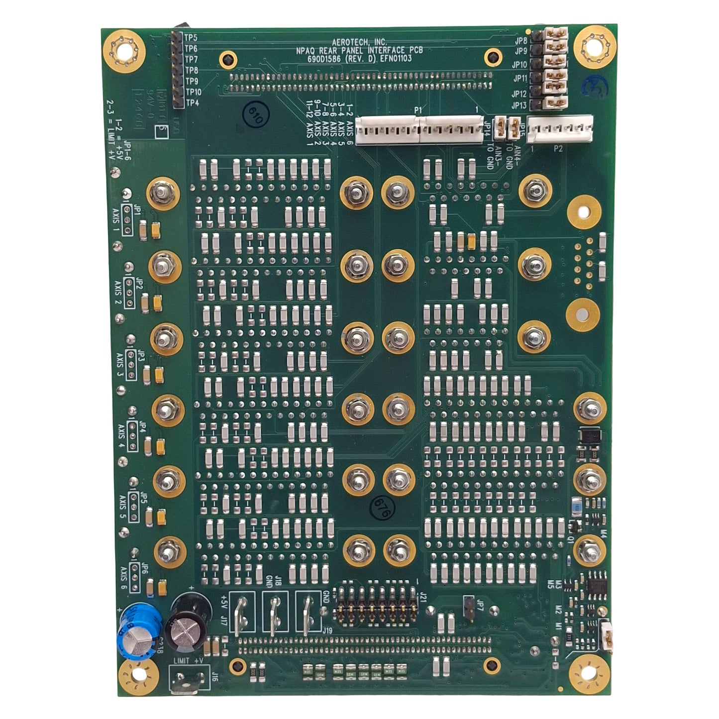 Used Aerotech 690D1586 NPAQ Rear Panel Interface PCB, DB25, DB15, 100-Pin IDC Ribbon