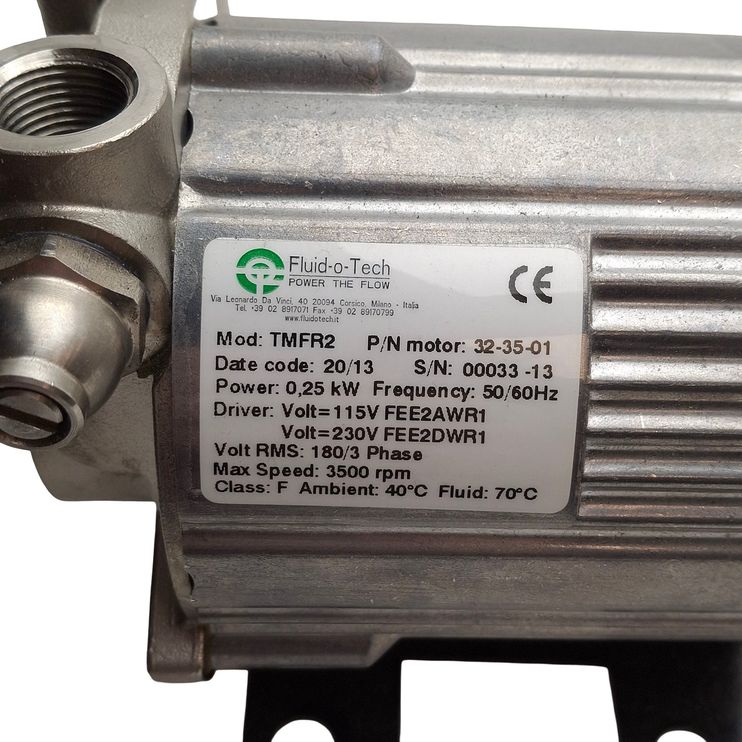 Used Fluid-O-Tech TMFRSS201V Rotary Vane Pump/Motor, 100/110/230VAC, 20 bar Static