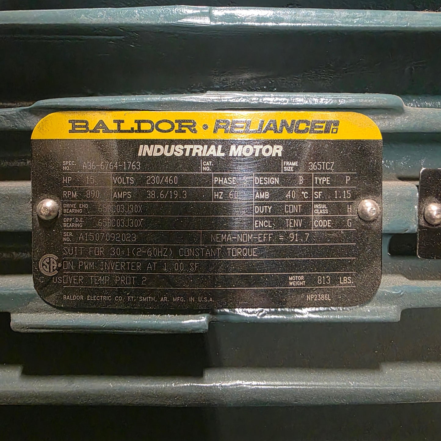 Used Baldor Reliance A36-6764-1763 Industrial Motor 15HP 365TCZ 890RPM 230/460V 3-Ph
