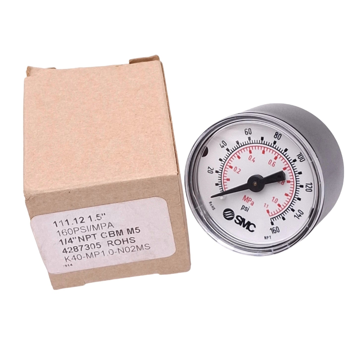 New SMC K40-MP1.0-N02MS Pressure Gauge, 40mm, 0-1.1MPa, 0-160psi, 1/4in NPT