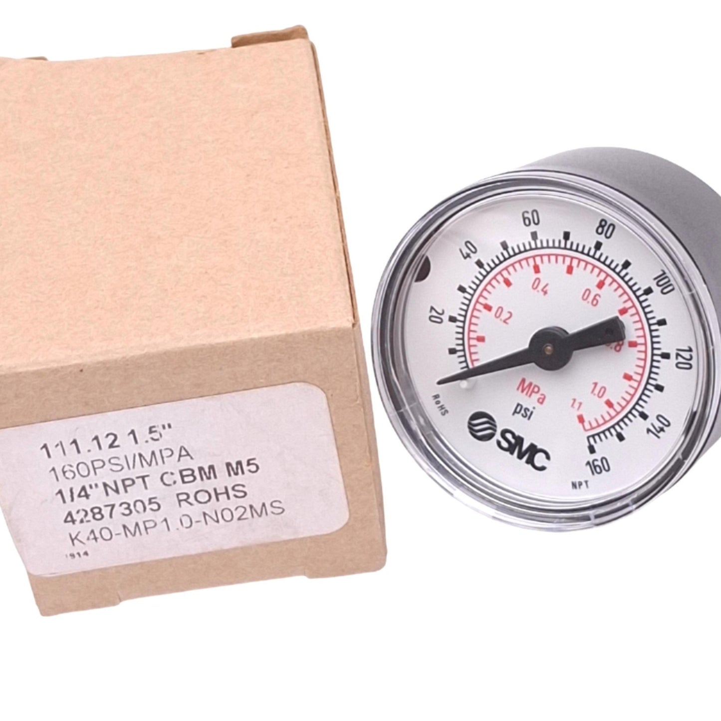 New SMC K40-MP1.0-N02MS Pressure Gauge, 40mm, 0-1.1MPa, 0-160psi, 1/4in NPT