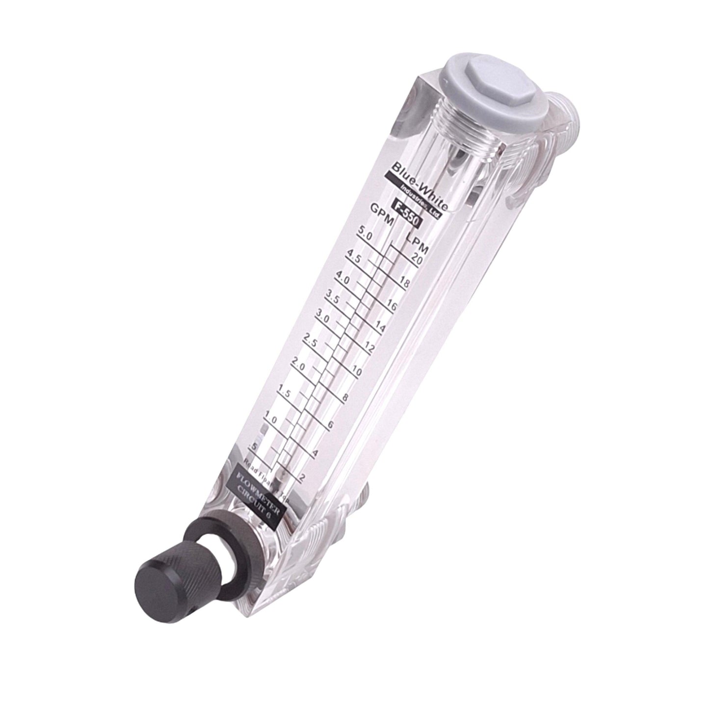 Used Blue-White F-55020L Flow Meter, 2-20LPM/0.5-5.0GPM, 250psi 200F Max, 1/2in NPT