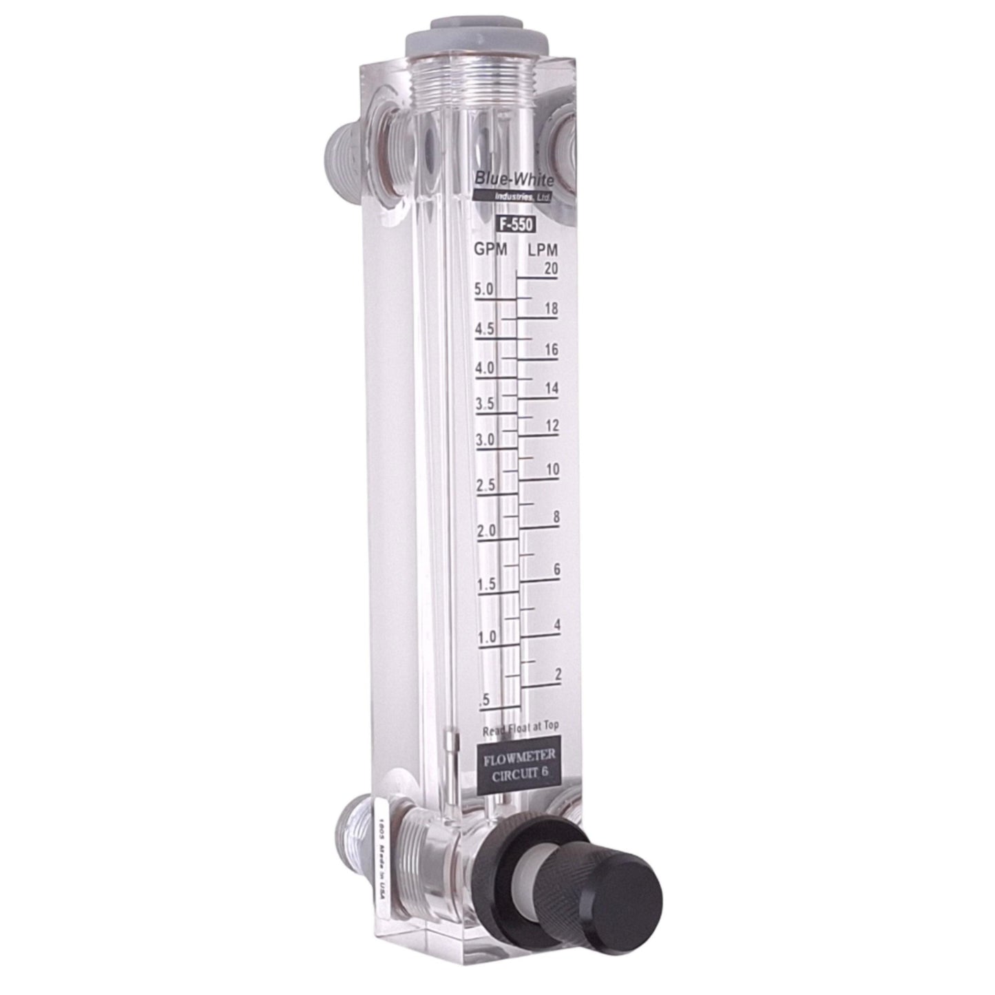 Used Blue-White F-55020L Flow Meter, 2-20LPM/0.5-5.0GPM, 250psi 200F Max, 1/2in NPT