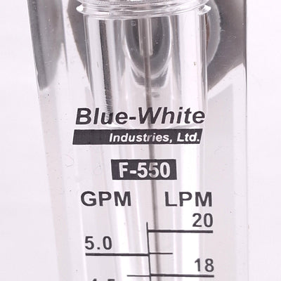 Used Blue-White F-55020L Flow Meter, 2-20LPM/0.5-5.0GPM, 250psi 200F Max, 1/2in NPT