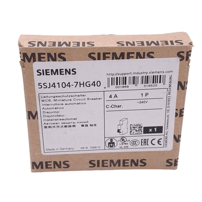 New Siemens 5SJ4104-7HG40 Circuit Breaker, 1-Pole 4A, 240VAC/60VDC Max, DIN Rail