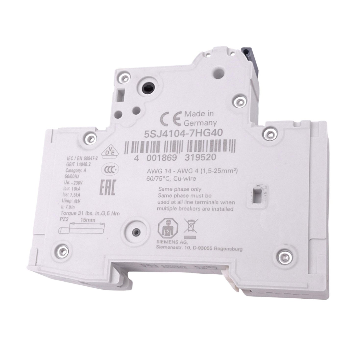 New Siemens 5SJ4104-7HG40 Circuit Breaker, 1-Pole 4A, 240VAC/60VDC Max, DIN Rail
