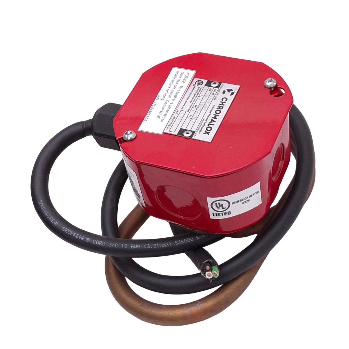 Used Chromalox TTUH-20A 158-046852-007 Immersion Heater, 1-Phase 240VAC 2kW, 350°F