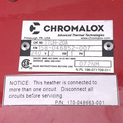 Used Chromalox TTUH-20A 158-046852-007 Immersion Heater, 1-Phase 240VAC 2kW, 350°F