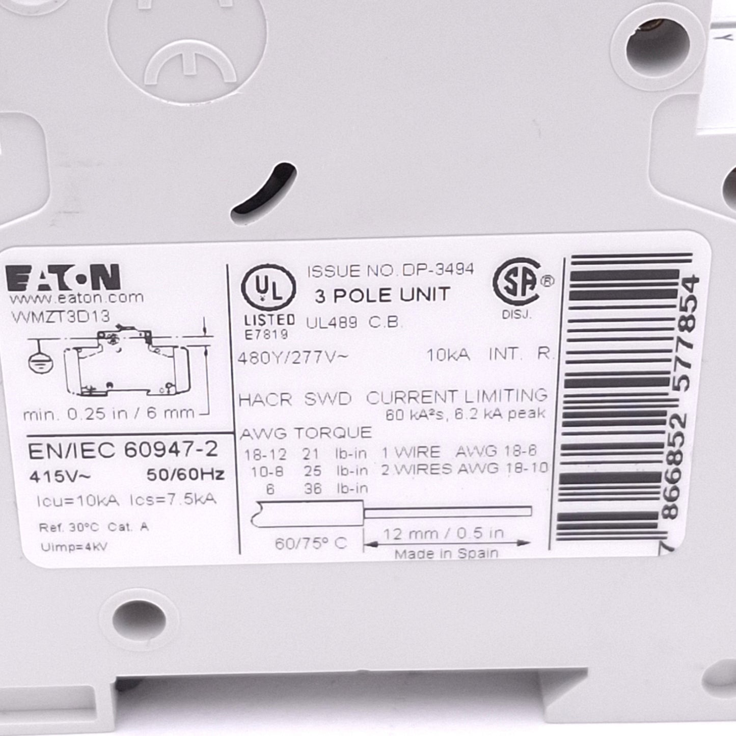 New Eaton WMZT3D13 Circuit Breaker, 3-Pole, 13A, 480Y/277VAC Max, DIN Rail