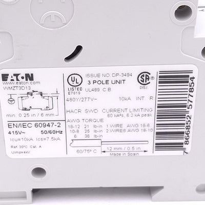 New Eaton WMZT3D13 Circuit Breaker, 3-Pole, 13A, 480Y/277VAC Max, DIN Rail