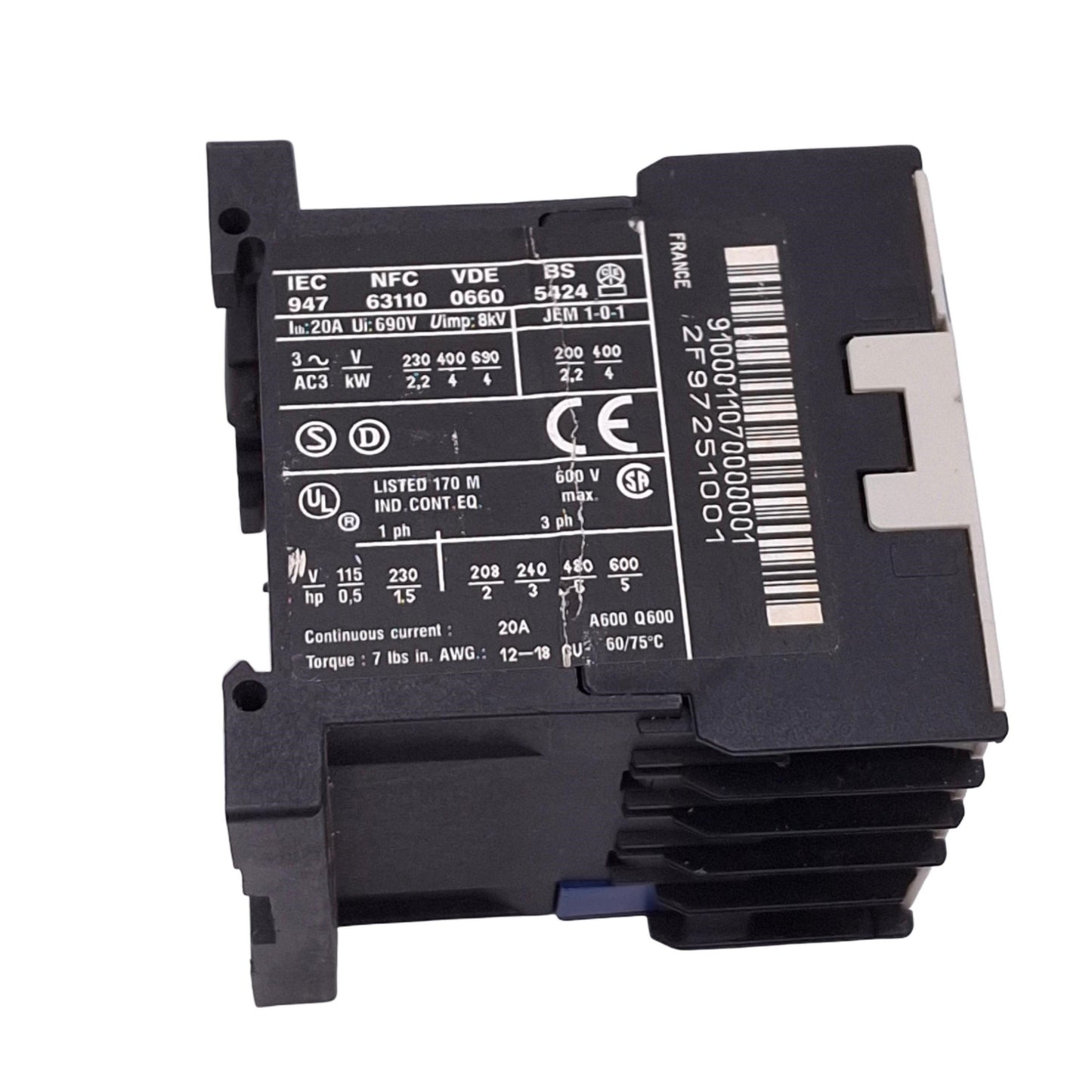 Used Telemecanique LC1K0910F7 Contactor, 3-Pole, 1NO Aux, 9A Max, 110VAC Coil