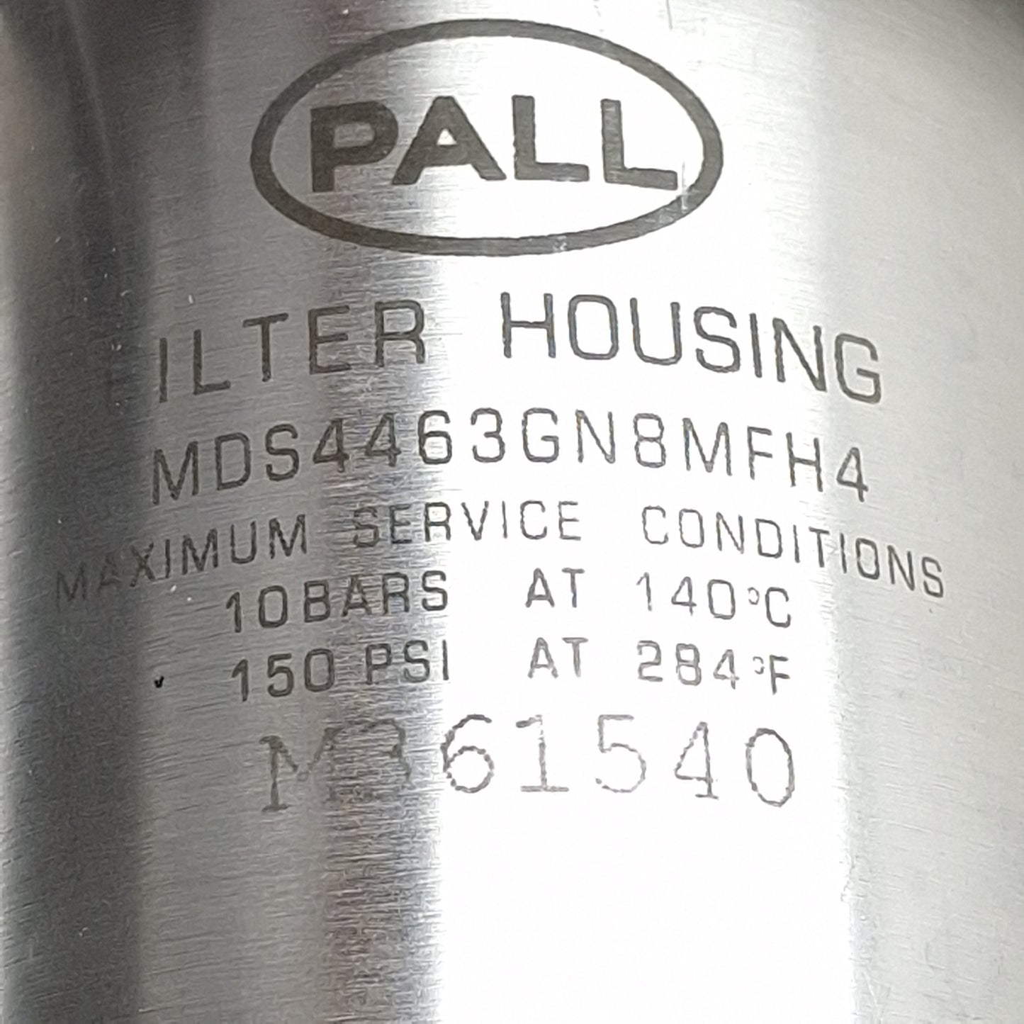 Used PALL MDS4463GN8MFH4 Filter Housing, 5.4in L, 1/2in NPT, 150psi Max, 7.5L/min
