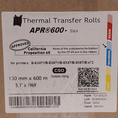 New Lot of 5 ARMOR-IIMAK T21355ZA APR600 Wax/Resin Ribbon, Black, 130mm x 600m