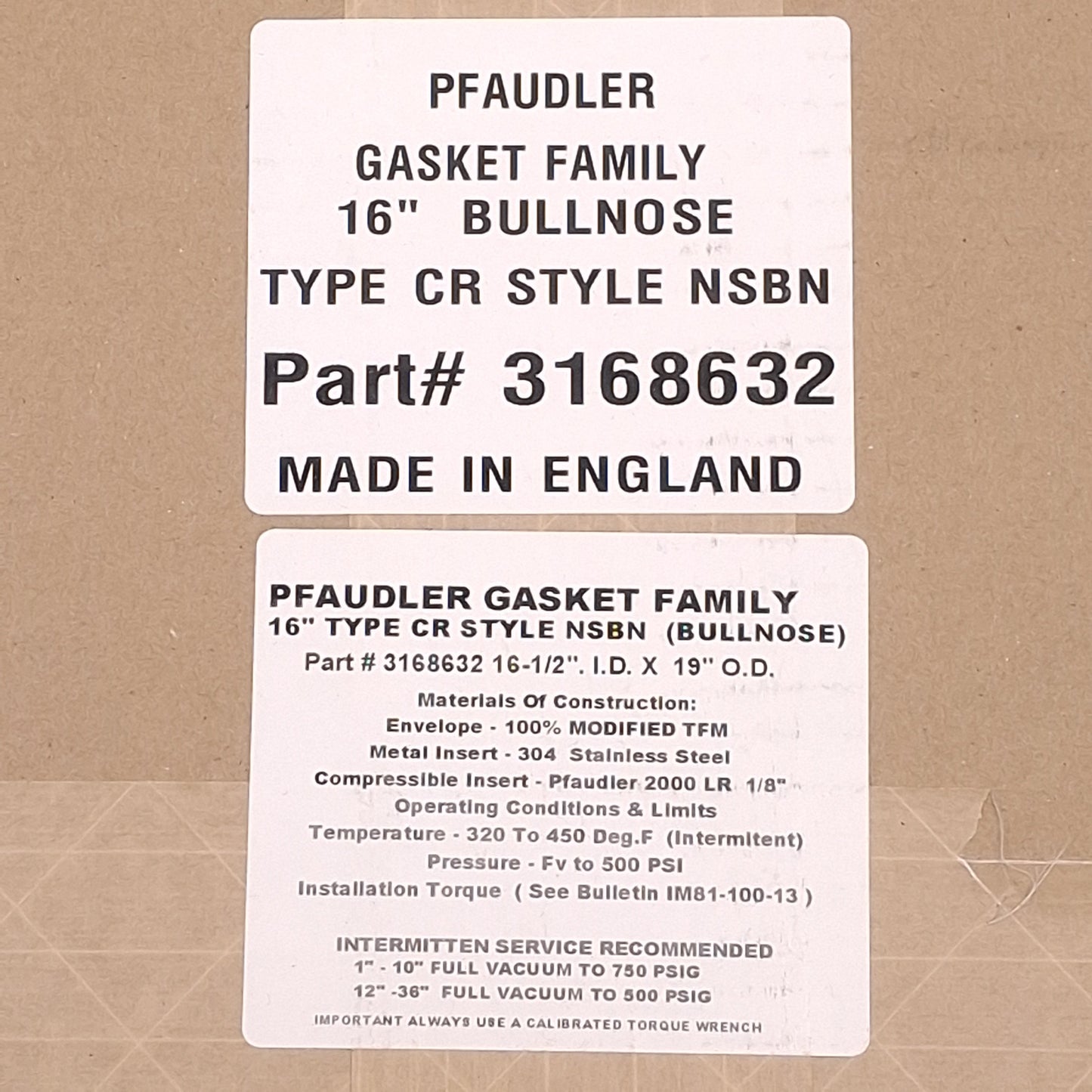 New Pfaudler 3168632 16" Type CR Style NSBN Bullnose Gasket 16-1/2" ID, 19" OD