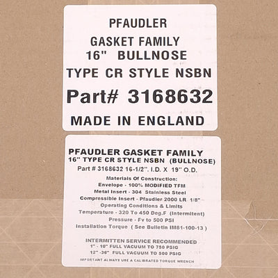New Pfaudler 3168632 16" Type CR Style NSBN Bullnose Gasket 16-1/2" ID, 19" OD