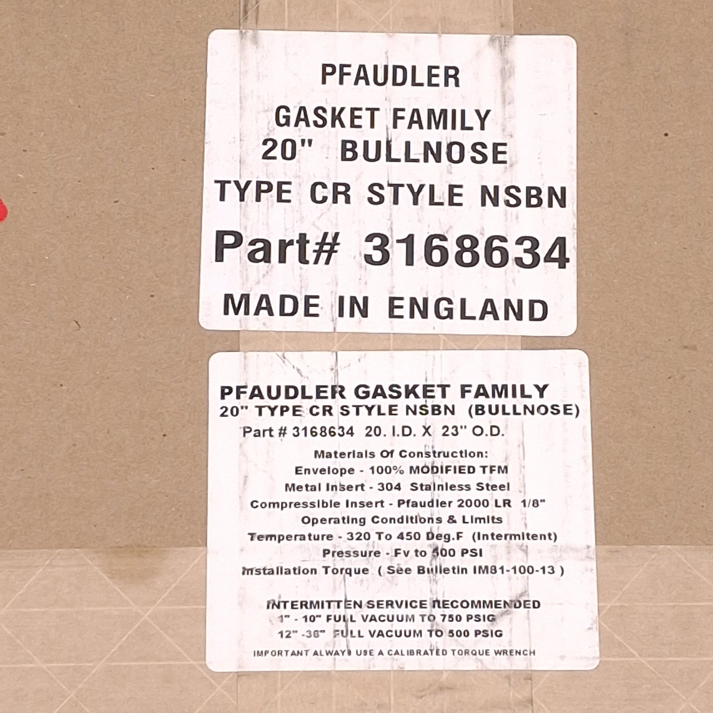 New Pfaudler 3168634 20" Type CR Style NSBN Bullnose Gasket 20" ID, 23" OD