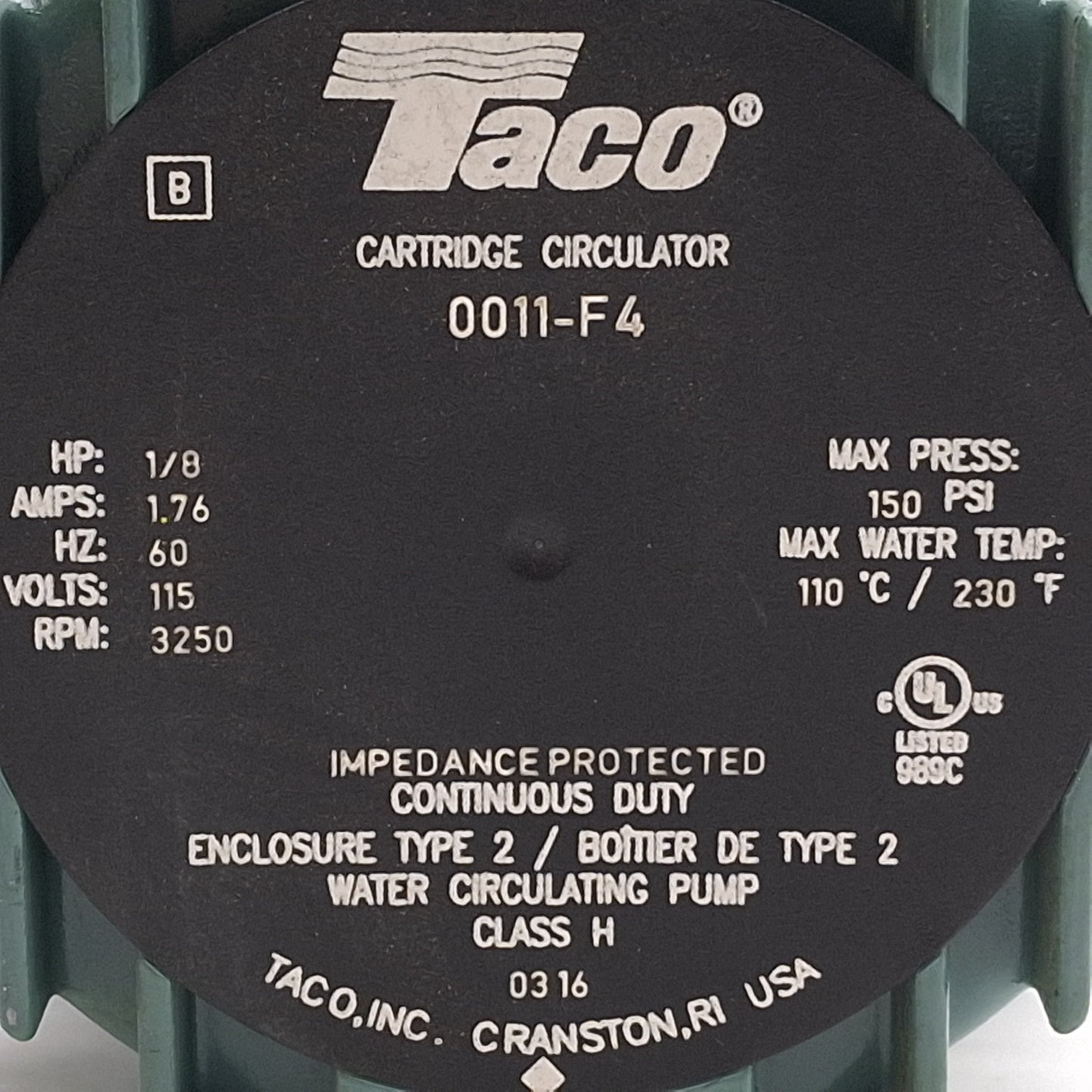 New – Open box Taco 0011-F4 Cast Iron Cartridge Circulator Water Pump, 1/8HP, 31GPM, 115VAC