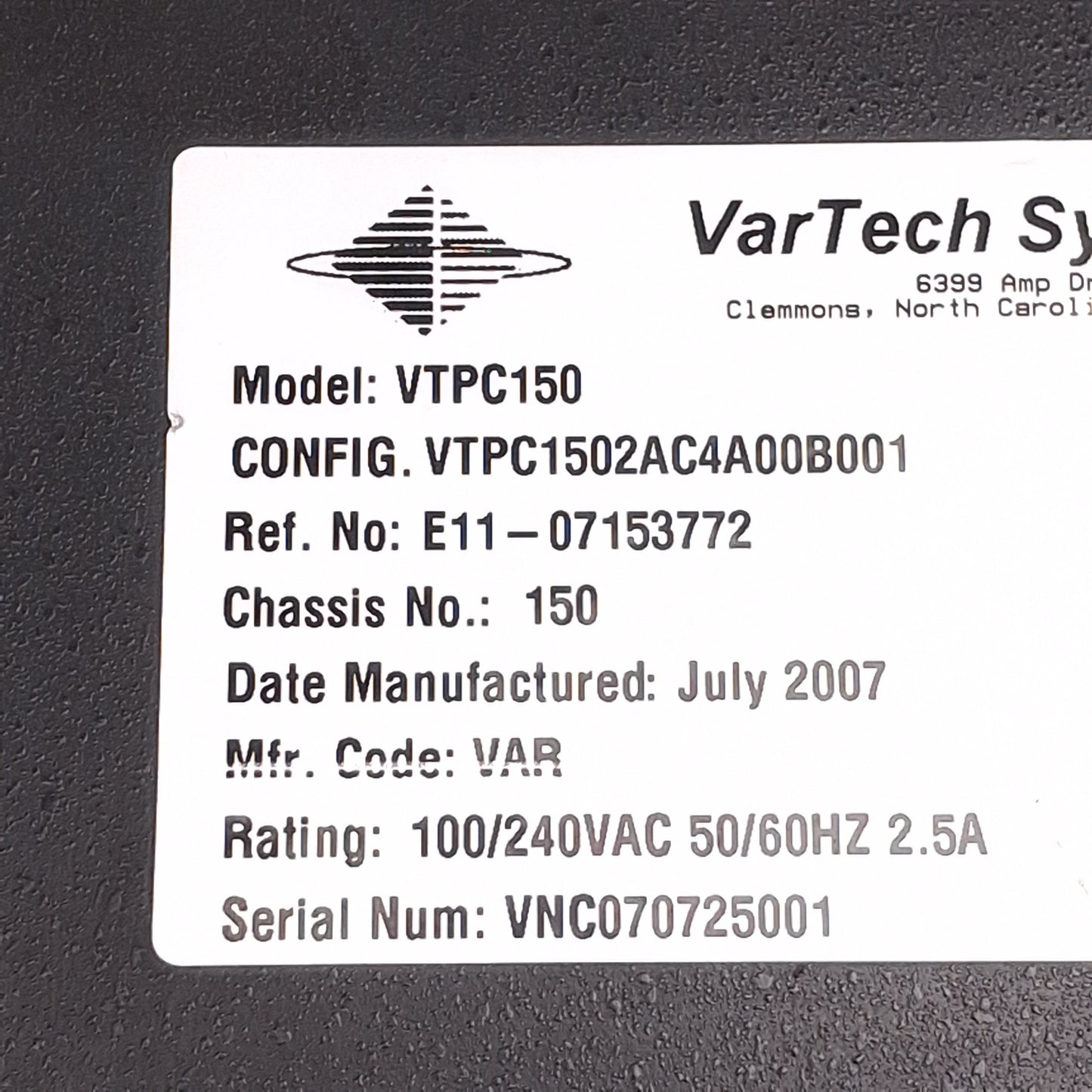 Used Vartech Systems VTPC150 Panel PC System, 15in Display, Intel845GV Chipset