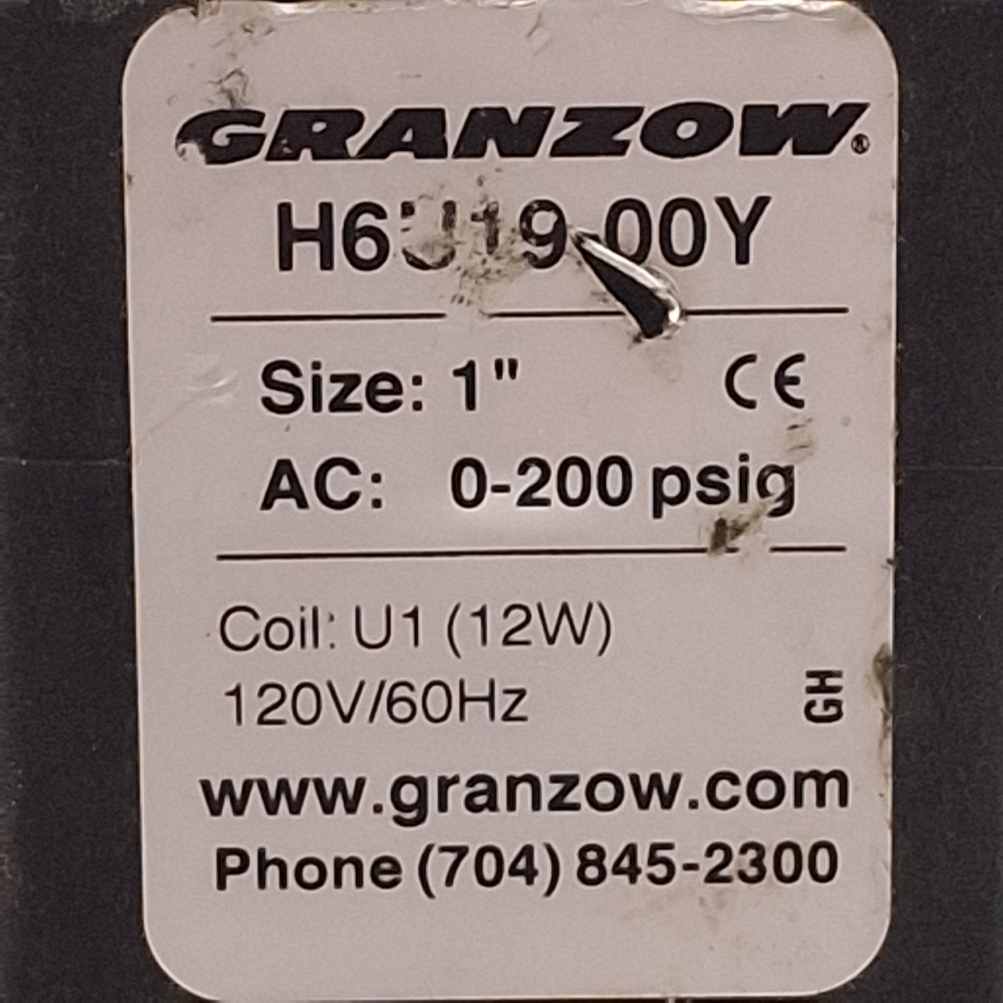 Used Ganzow H6U19-00Y Solenoid Valve, Brass, 2-Way NC, 200psig, 1in NPT, 120VAC Coil
