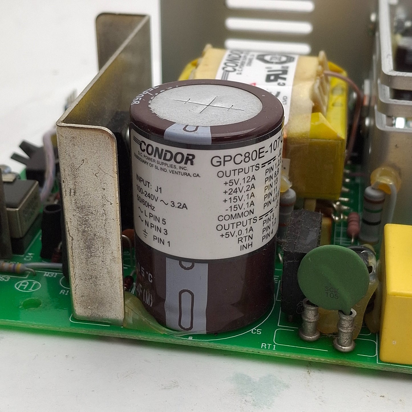 Used Condor GPC80E-107G Open Frame Power Supply, 100-240VAC In, 5VDC 12A Output