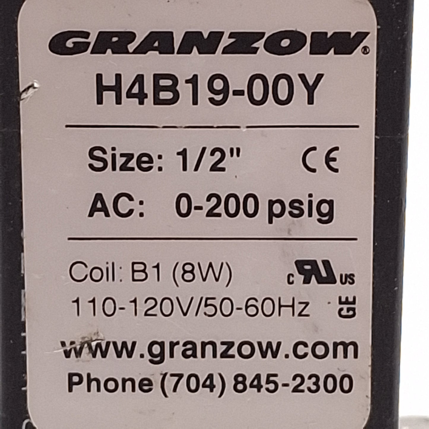 Used Granzow H4B19-00Y Solenoid Valve, 2-Way NC, Brass, 1/2in NPT, 110-120VAC Coil