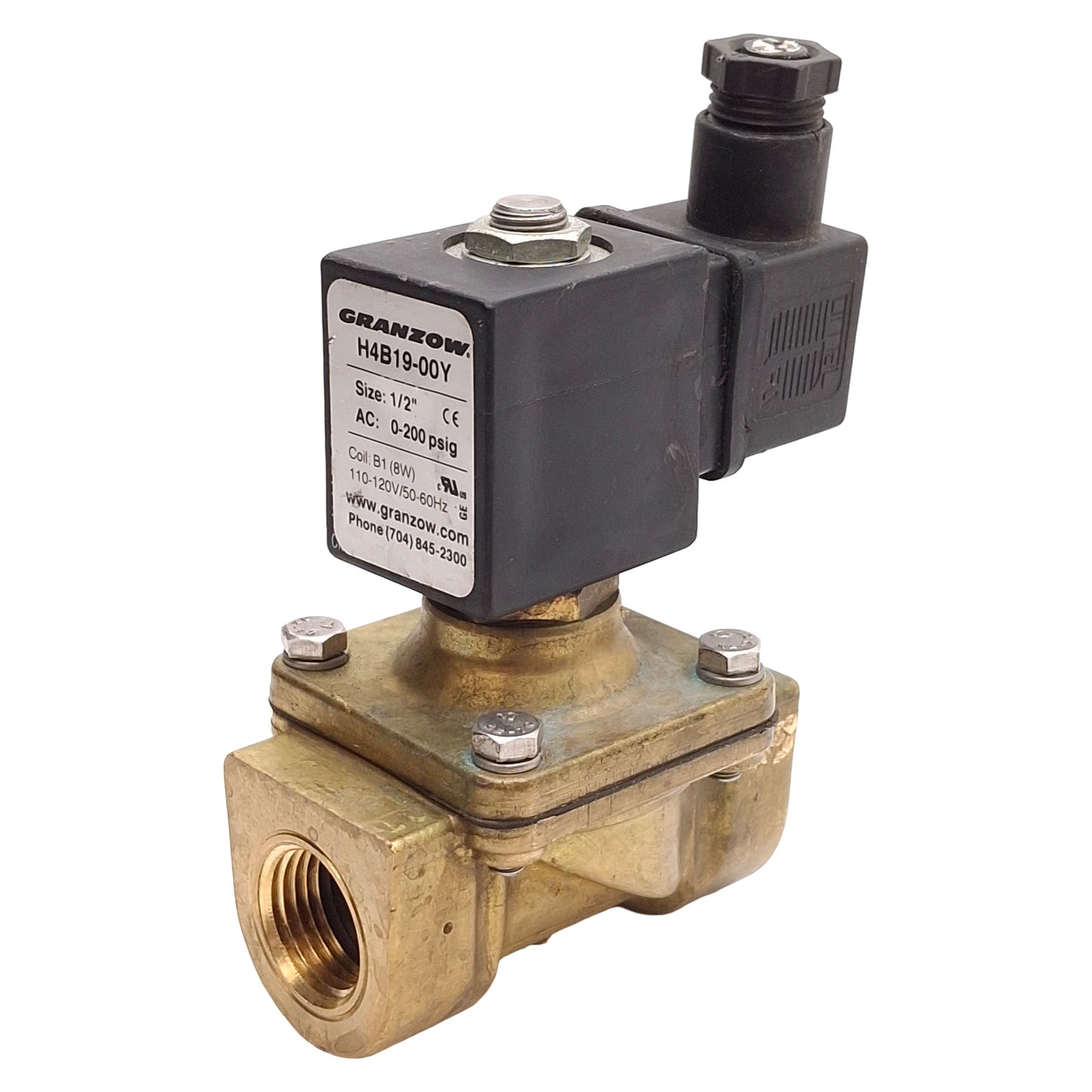 Used Granzow H4B19-00Y Solenoid Valve, 2-Way NC, Brass, 1/2in NPT, 110-120VAC Coil