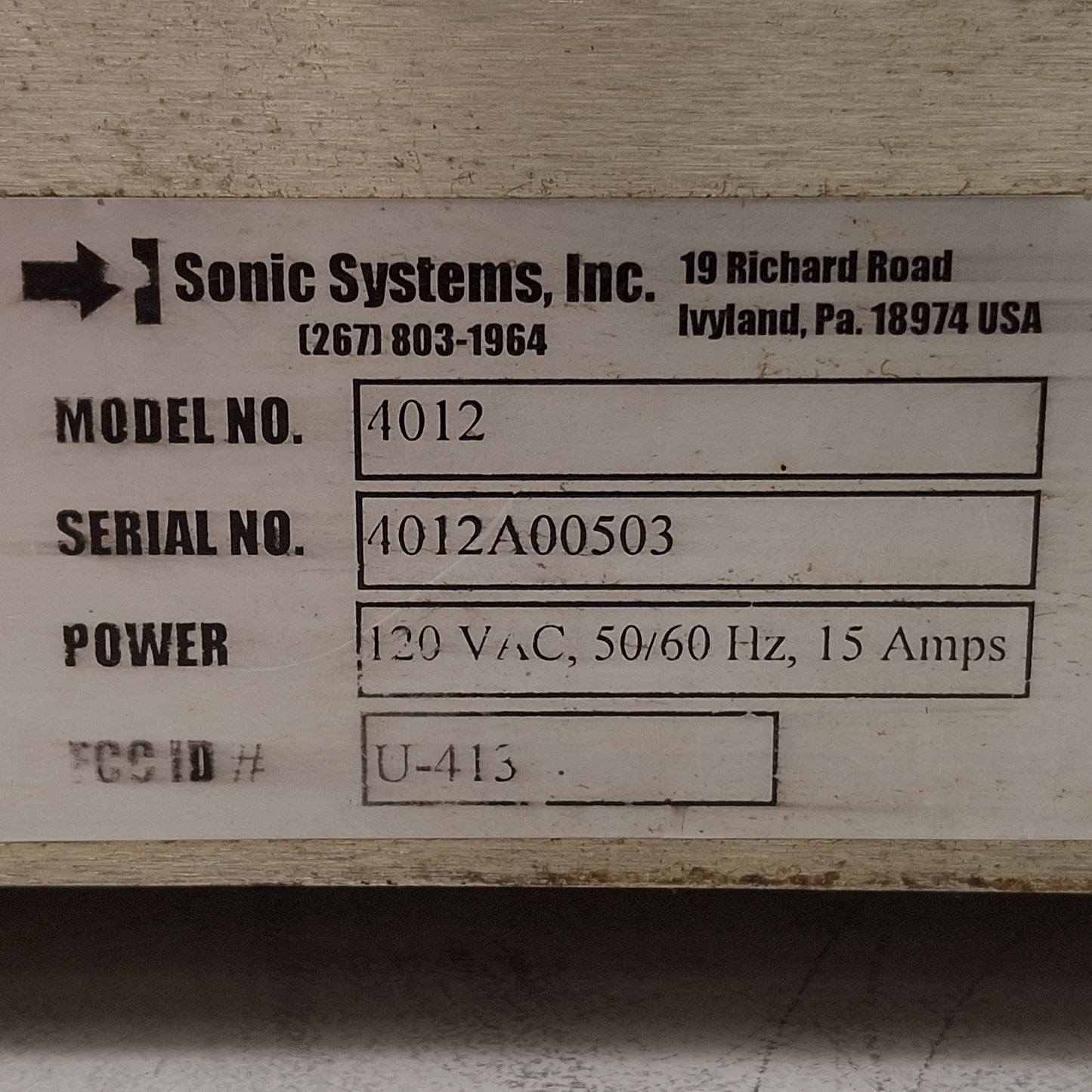 Used Sonic Systems Inc 4012 Ultrasonic Frequency Generator, 40kHz, 1200W, 120VAC 15A