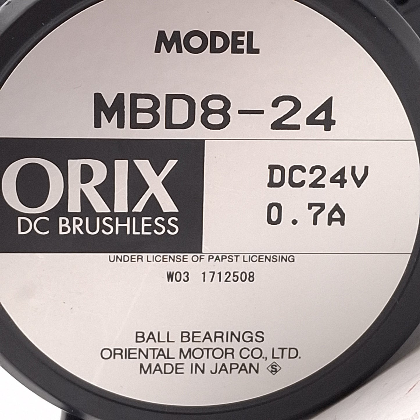Used Oriental Motor MBD8-24 Orix Centrifugal Blower Fan, 51.2cfm, 2600rpm, 24VDC