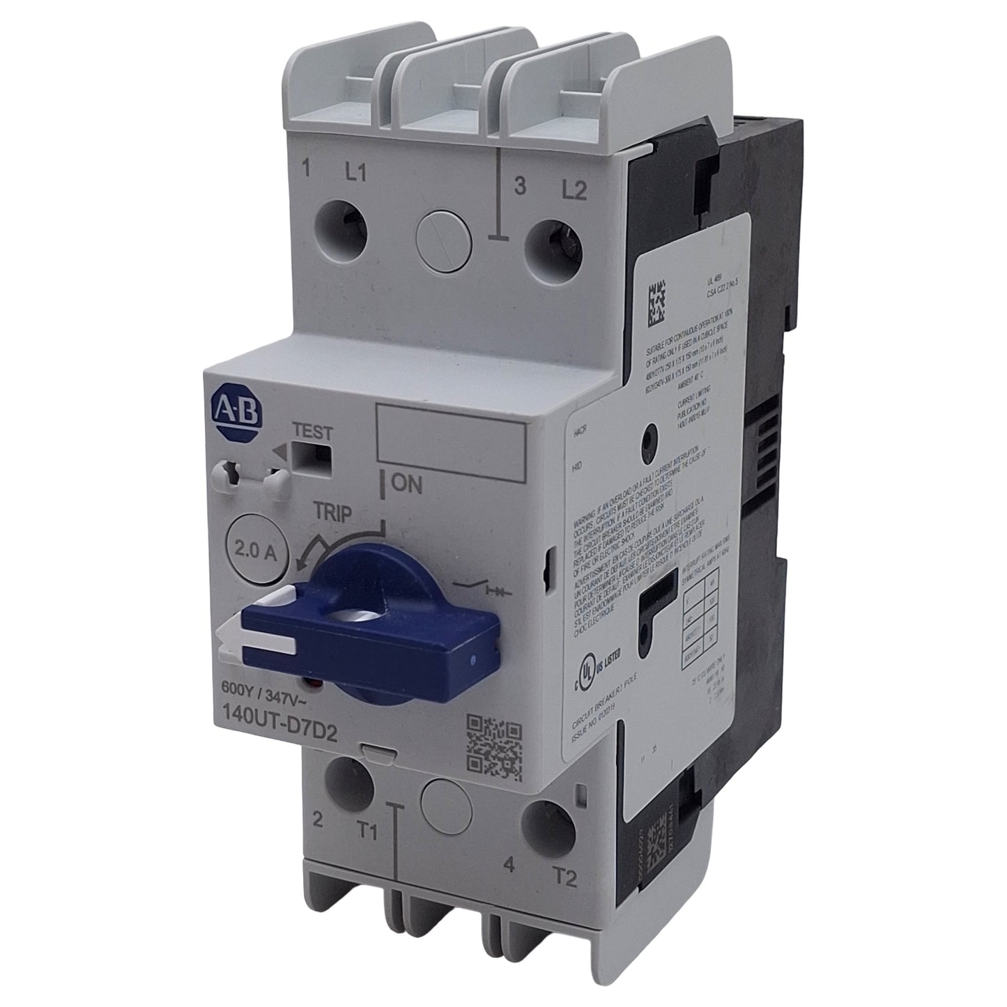 New – Open box Allen Bradley 140UT-D7D2-B20 Circuit Breaker, 2-Pole, 2A 600Y/347VAC, D-Frame
