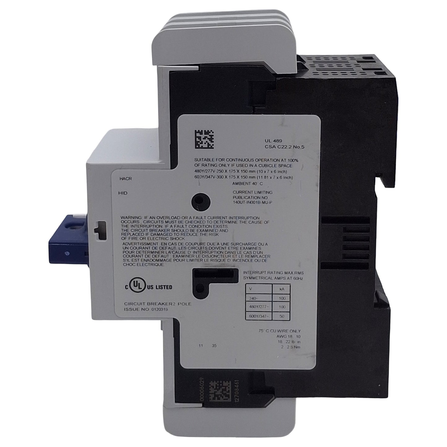 New – Open box Allen Bradley 140UT-D7D2-B20 Circuit Breaker, 2-Pole, 2A 600Y/347VAC, D-Frame