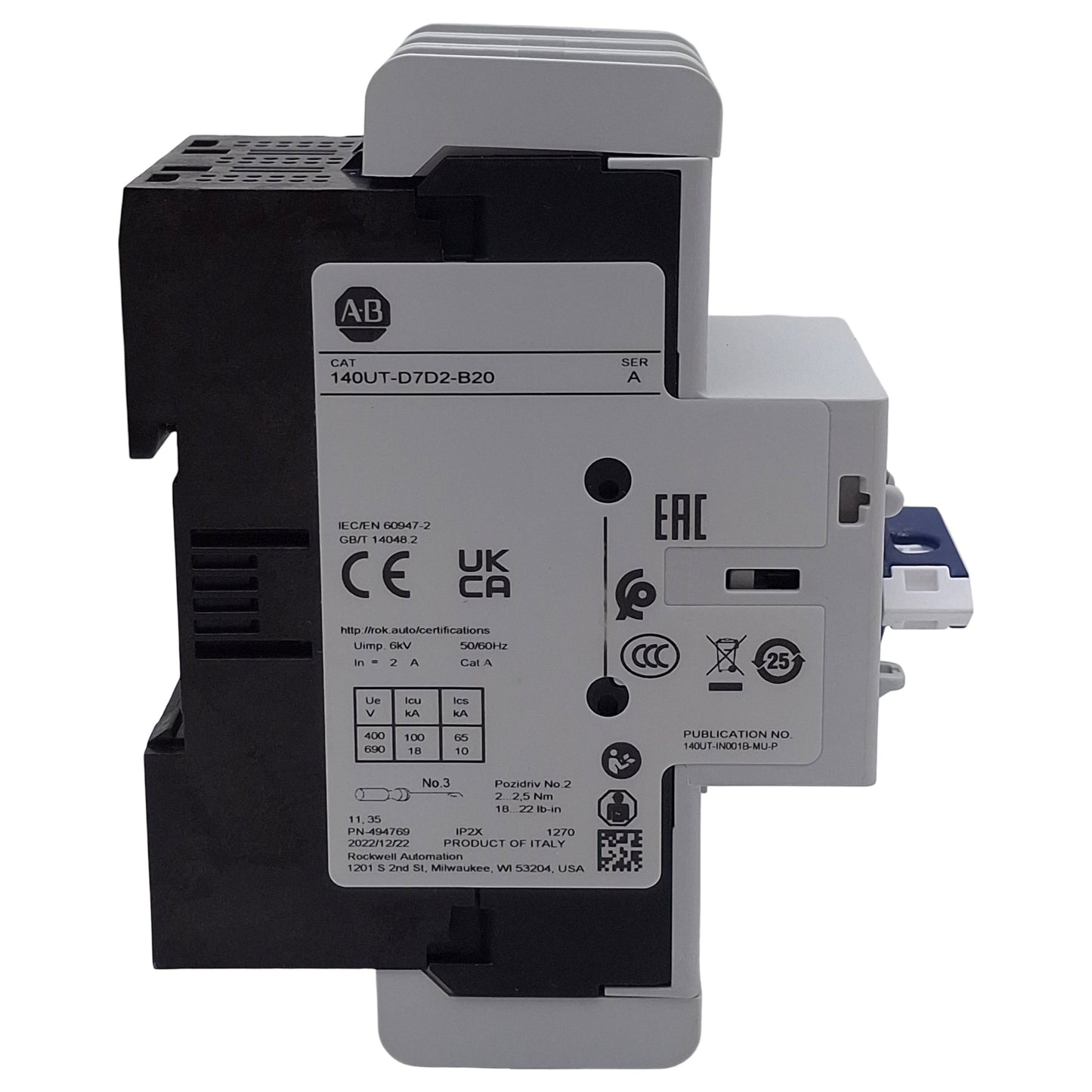 New – Open box Allen Bradley 140UT-D7D2-B20 Circuit Breaker, 2-Pole, 2A 600Y/347VAC, D-Frame