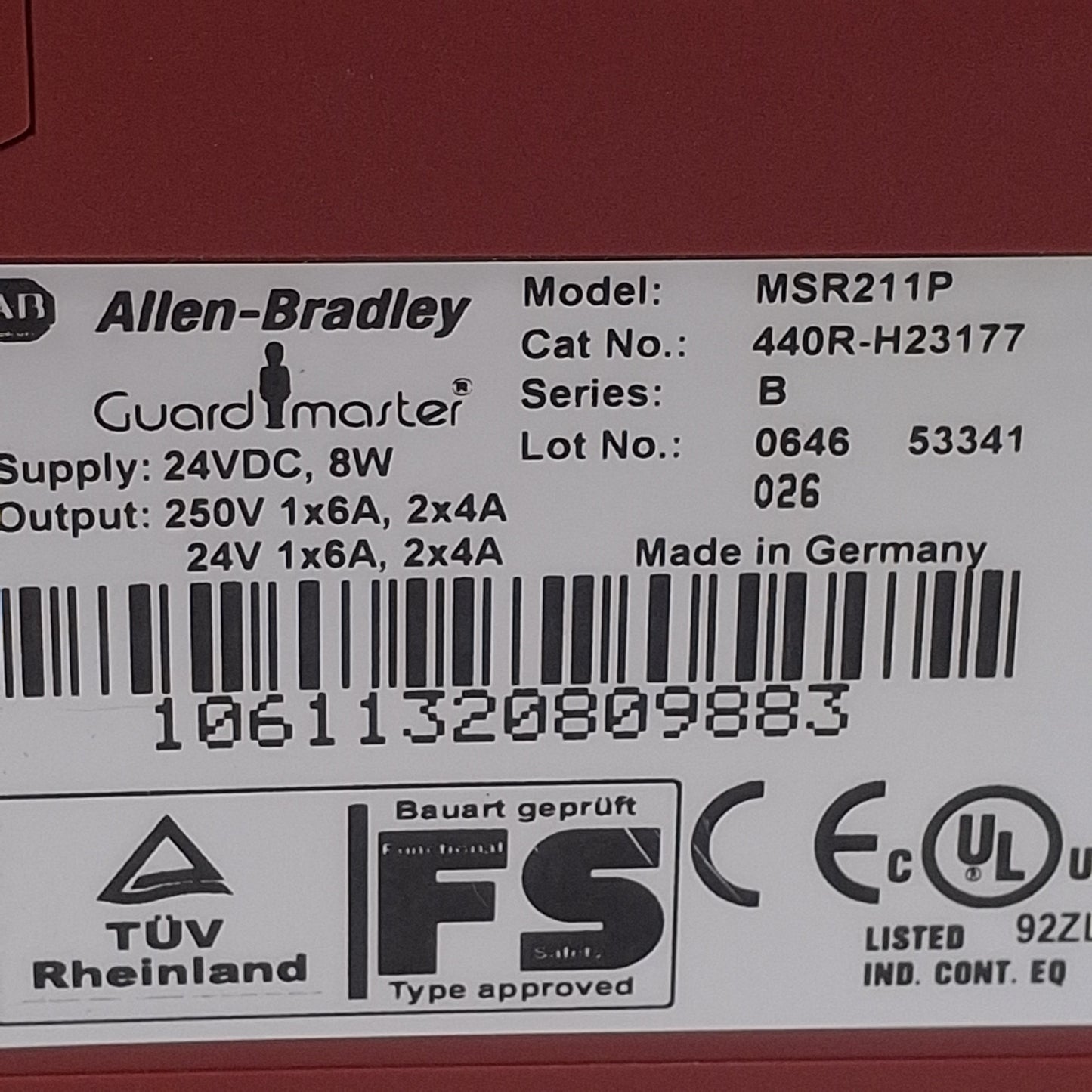 Used Allen Bradley 440R-H23177 MSR211P Guardmaster Safety Relay, 2NO/1NC, 24VDC