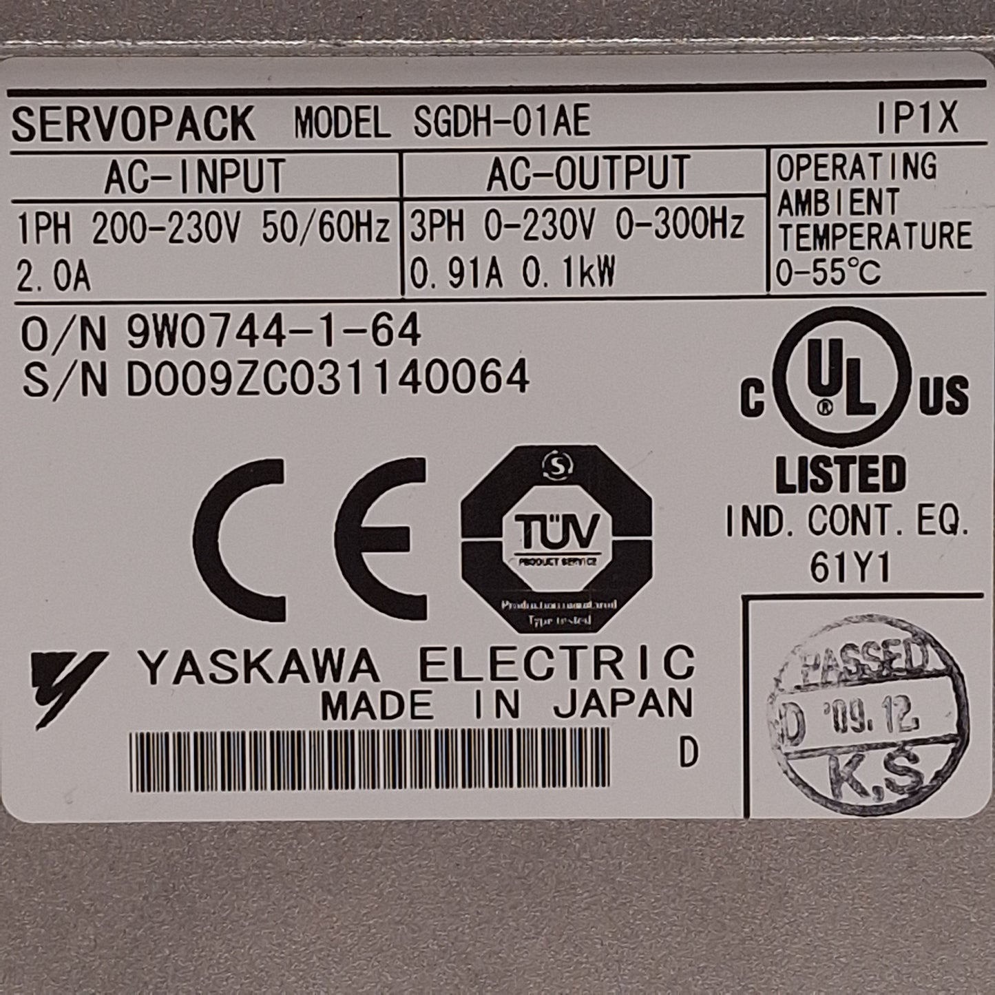 Used Yaskawa SGDH-01AE Sigma-II Servopack, 0.1kW, 3Ø 0-230VAC Out, 1Ø 200-230VAC In