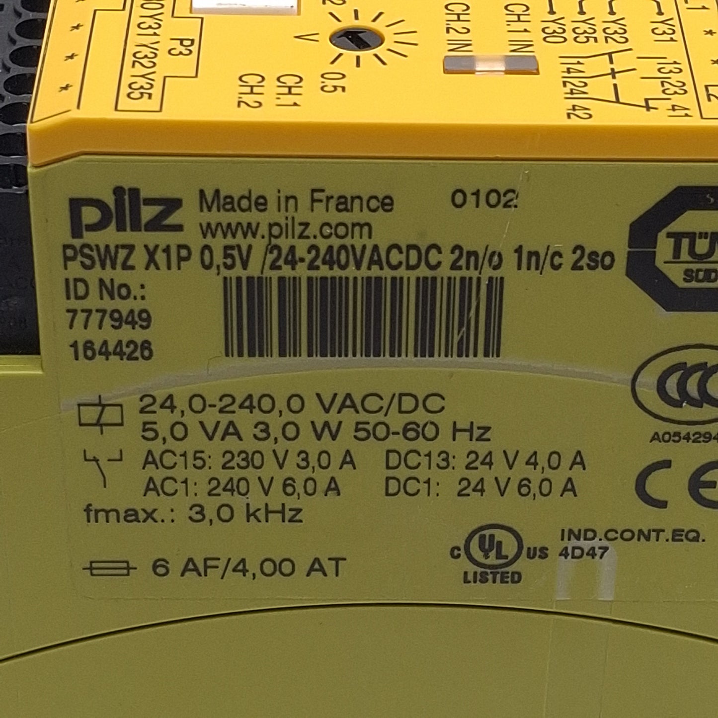 Used Pilz PSWZ X1P 0,5V /24-240VACDC 2n/o 1n/c 2so Safety Relay 2NO/1NC, 24-240VAC/DC