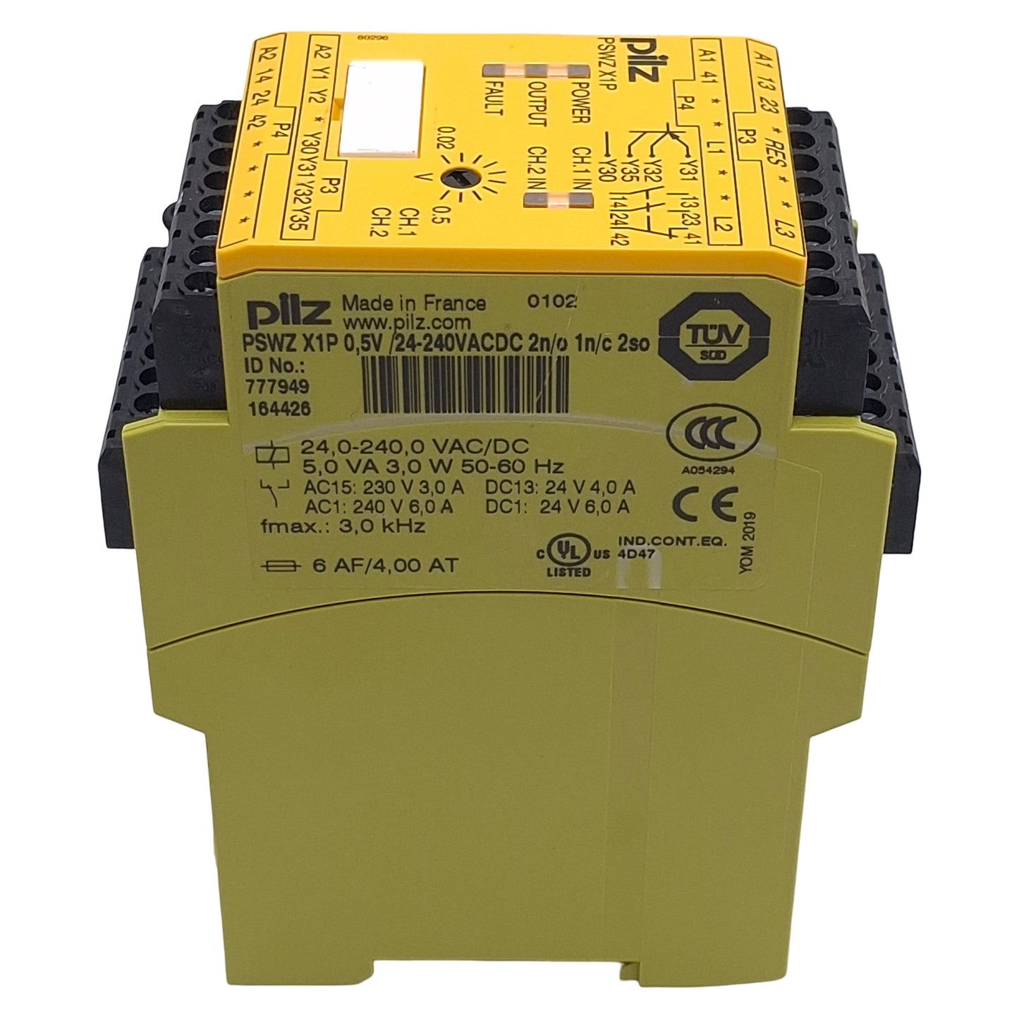 Used Pilz PSWZ X1P 0,5V /24-240VACDC 2n/o 1n/c 2so Safety Relay 2NO/1NC, 24-240VAC/DC