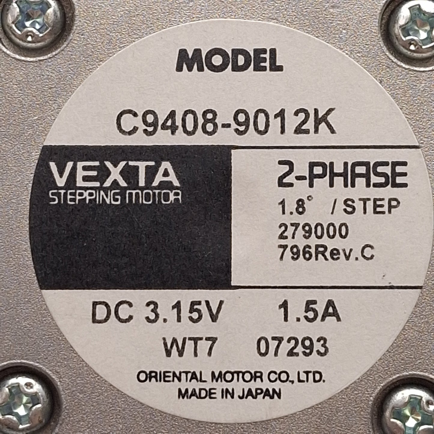 Used Oriental Motor C9408-9012K Vexta Stepper Motor, 2-Phase, 1.8°, 3.15VDC, NEMA 17
