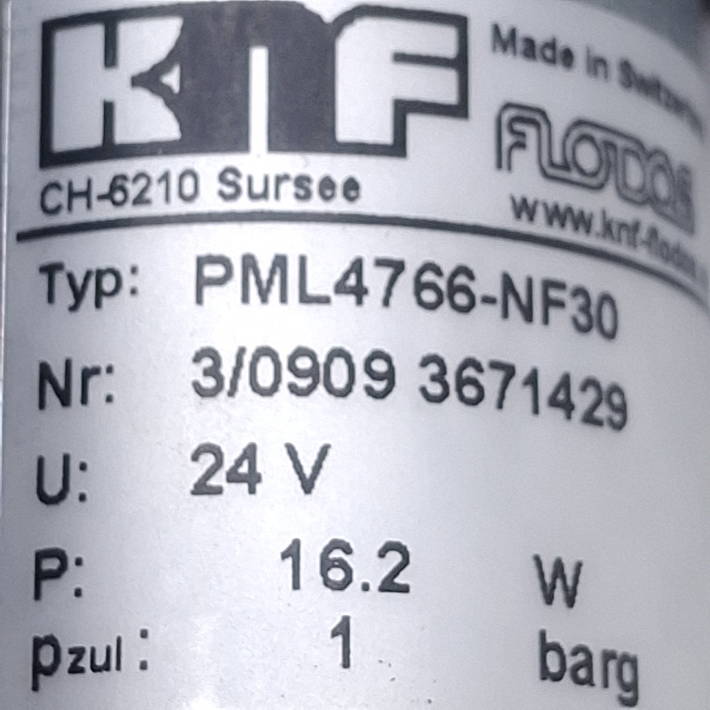 Used KNF PML4766-NF30 Diaphragm Liquid Pump 0.3l/min Flow, 24VDC, 1barg Max Pressure